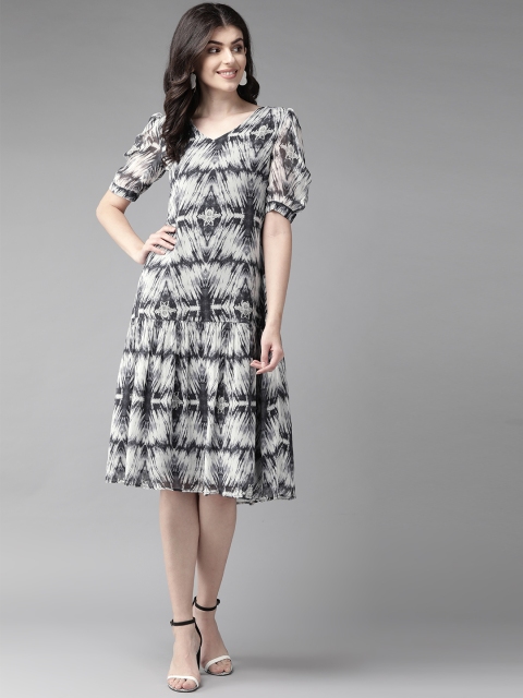 

MISH Women Off-White & Navy Blue Printed A-Line Dress