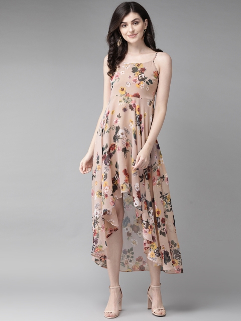 

MISH Women Beige & Green Floral Printed Fit and Flare Dress