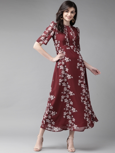 

MISH Women Maroon & Dusty Pink Floral Printed Maxi Dress