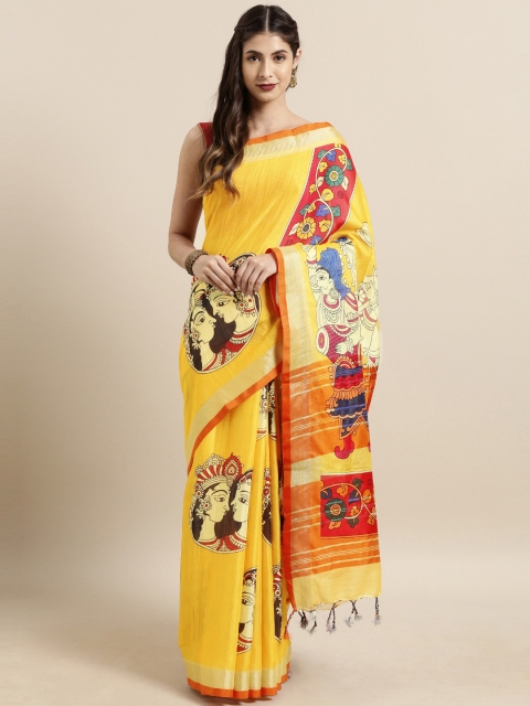 

VASTRANAND Yellow & Red Linen Blend kalamkari Printed Saree