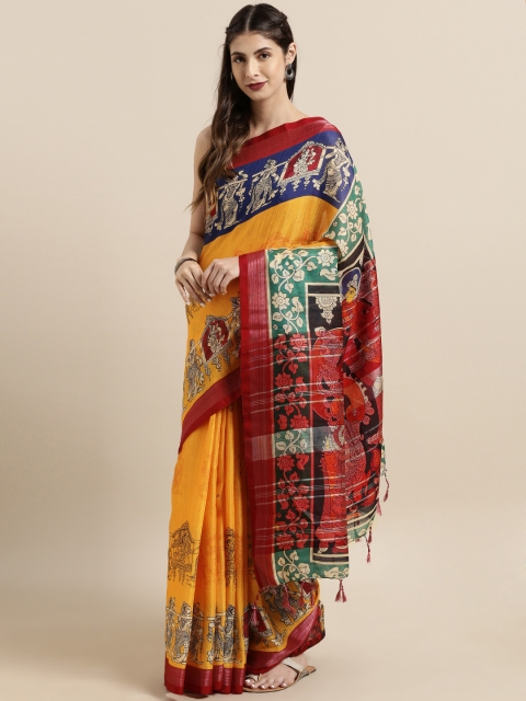 

VASTRANAND Yellow & Red Linen Blend kalamkari Printed Saree