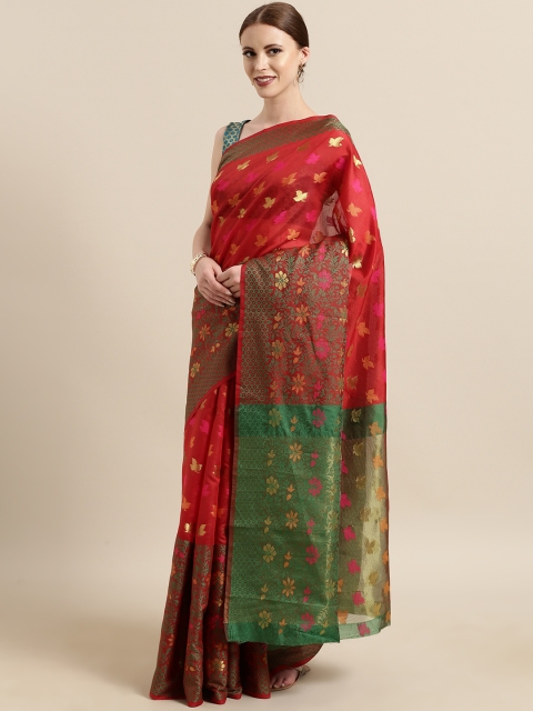 

Satrani Red & Green Cotton Blend Woven Design Chanderi Saree