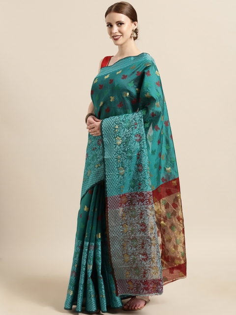 

Satrani Teal Green Cotton Blend Woven Design Chanderi Saree