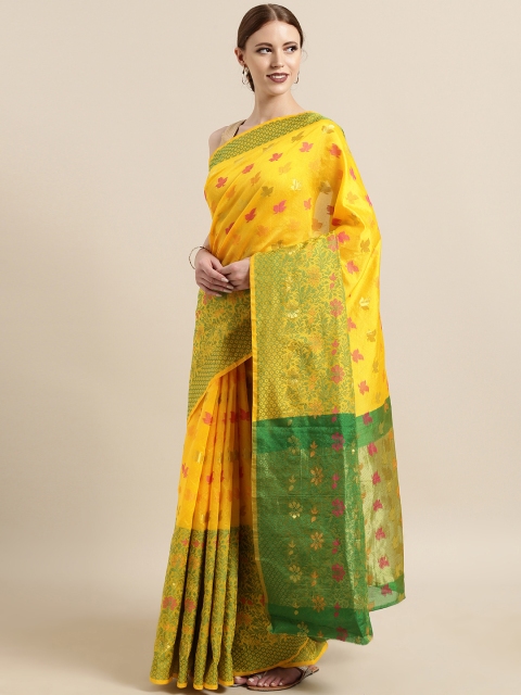 

Satrani Yellow & Green Cotton Blend Woven Design Chanderi Saree