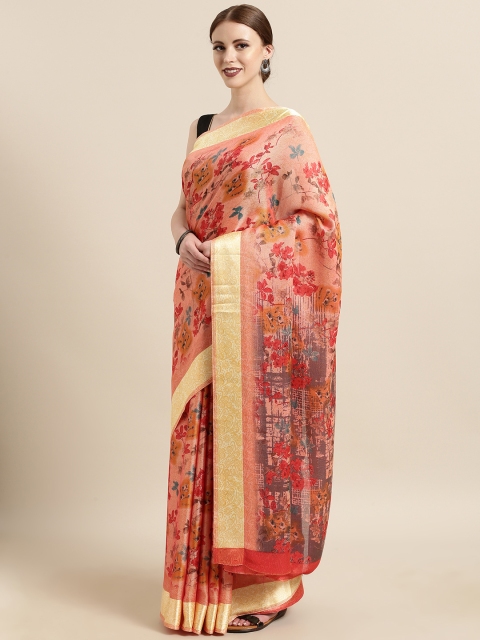

Satrani Orange & Red Cotton Blend Woven Design Saree