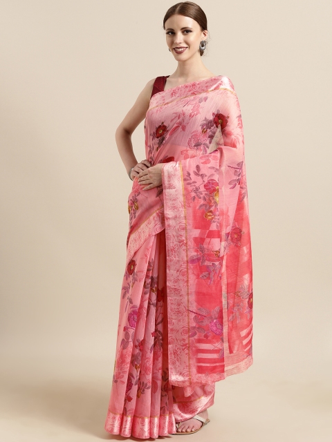 

Satrani Pink & Red Polycotton Printed Saree