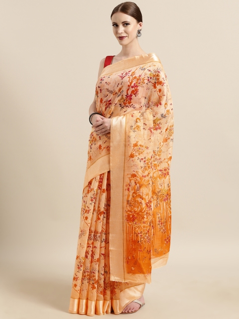 

Satrani Peach-Coloured & Orange Polycotton Printed Saree