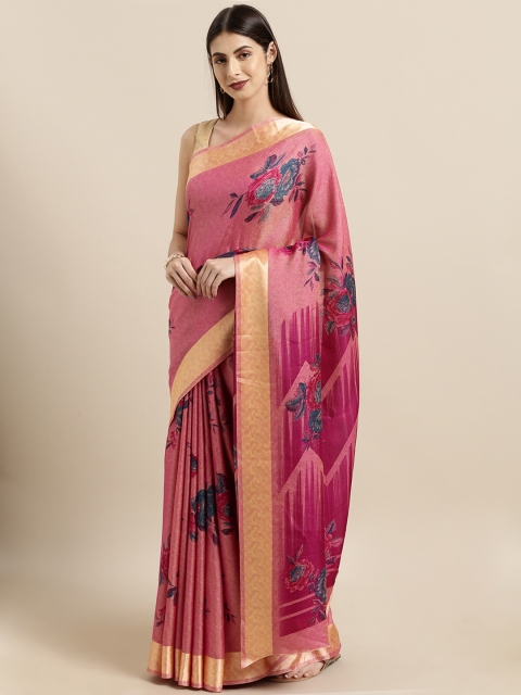 

Satrani Pink & Teal Blue Cotton Blend Printed Saree