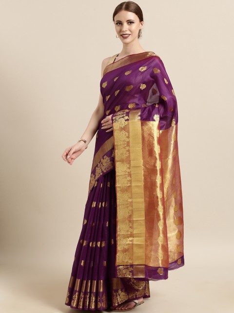 

Satrani Purple & Golden Polycotton Woven Design Banarasi Saree