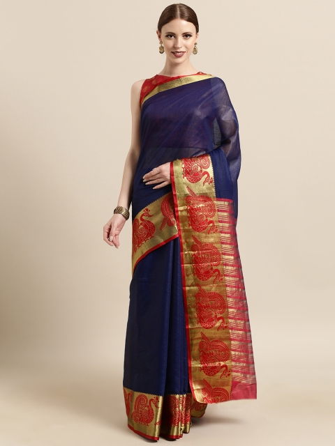 

Satrani Navy Blue & Red Polycotton Solid Banarasi Saree