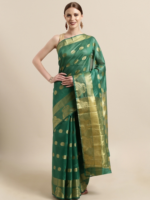 

Satrani Green & Gold-Toned Cotton Blend Woven Design Chanderi Saree