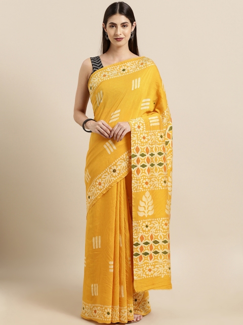 

Satrani Yellow & Beige Pure Cotton Batik Printed Bandhani Saree