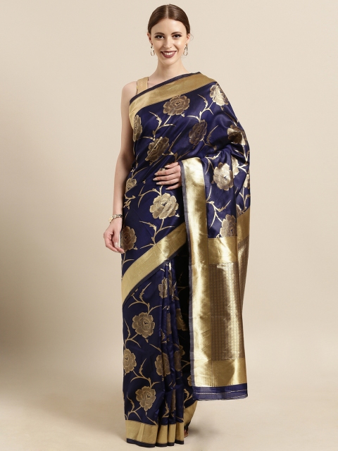 

Satrani Navy Blue & Gold-Toned Poly Silk Woven Design Banarasi Saree