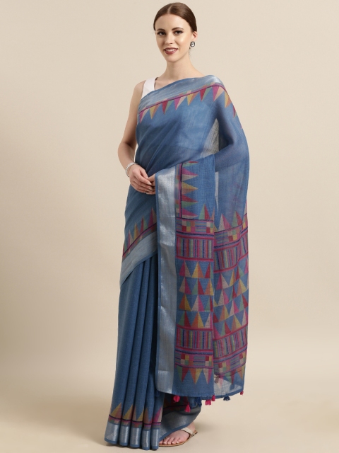 

Satrani Blue Pure Cotton Solid Khadi Saree with Printed Detail