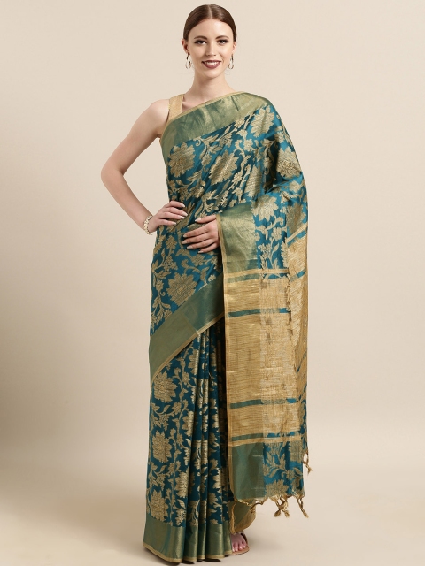 

Satrani Teal Green & Beige Silk Blend Woven Design Kanjeevaram Saree