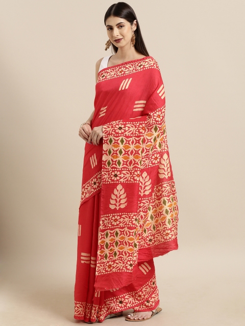 

Satrani Pink & Beige Pure Cotton Block Batik Printed Saree
