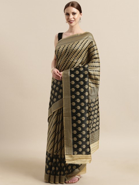 

Satrani Beige & Black Silk Blend Woven Design Khadi Saree