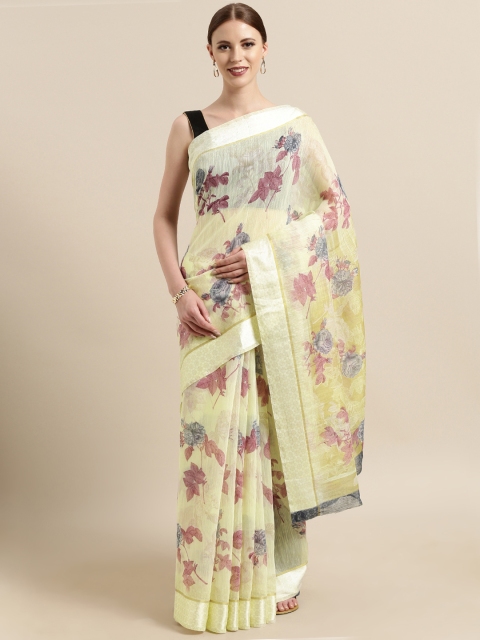 

Satrani Cream-Coloured & Pink Polycotton Printed Saree