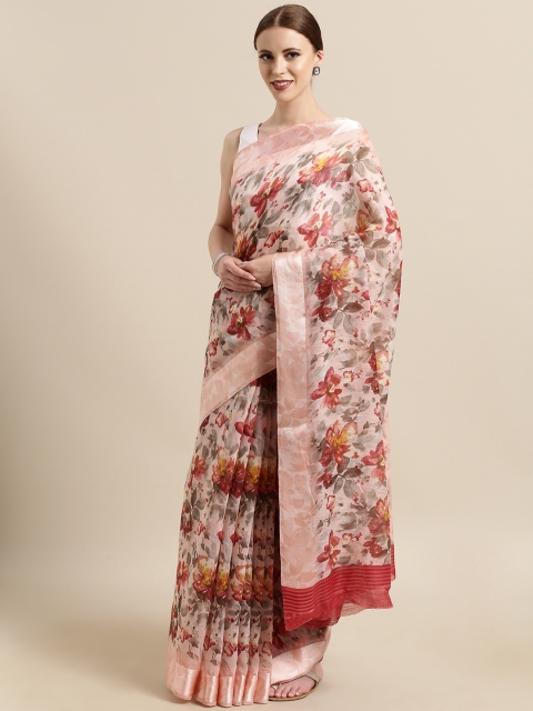 

Satrani Peach-Coloured & Pink Polycotton Printed Saree