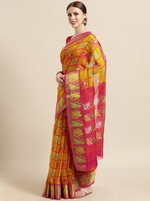 

Satrani Yellow Silk Blend Printed Patola Saree