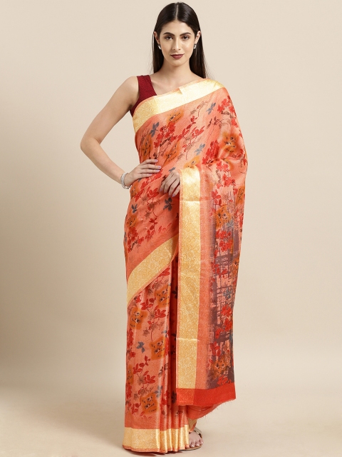 

Satrani Orange & Red Jute Cotton Printed Saree