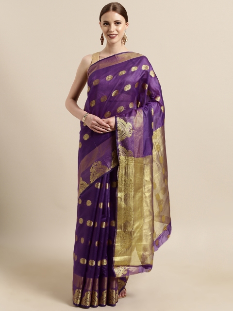 

Satrani Purple & Gold-Toned Cotton Blend Jacquard Woven Design Chanderi Saree