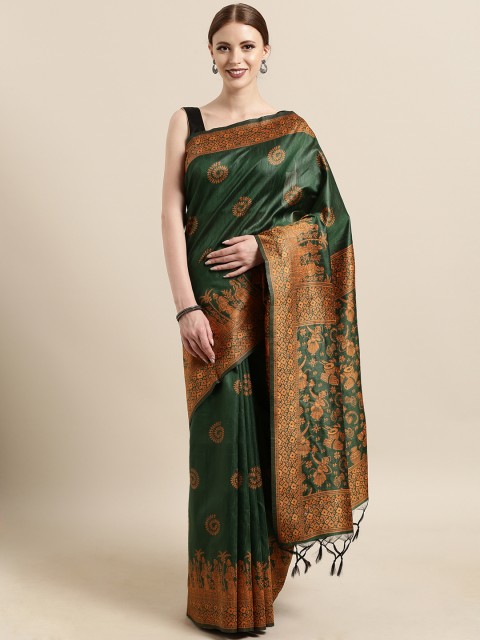 

Satrani Green & Orange Silk Blend Woven Design Saree