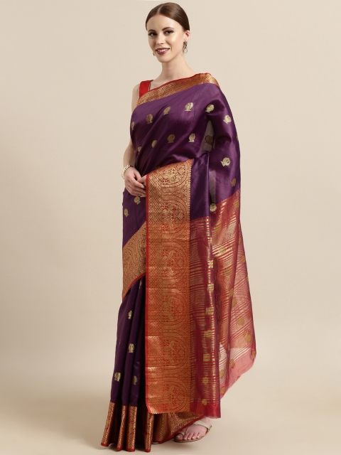 

Satrani Purple & Red Poly Silk Woven Design Banarasi Saree