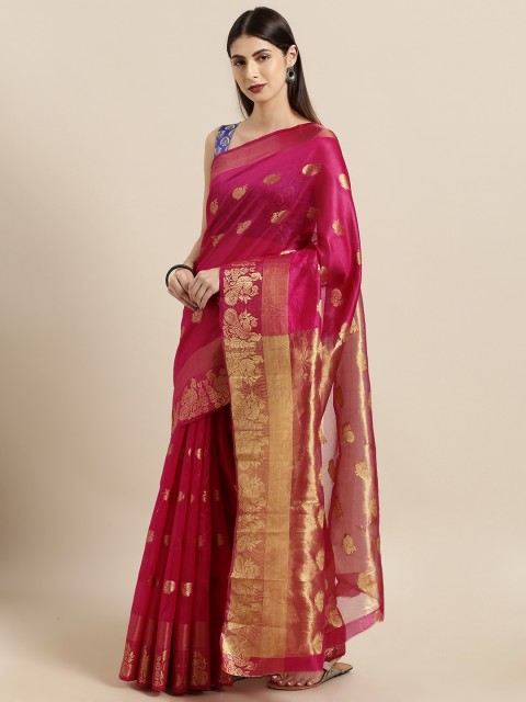 

Satrani Pink & Gold-Toned Polycotton Woven Design Banarasi Saree