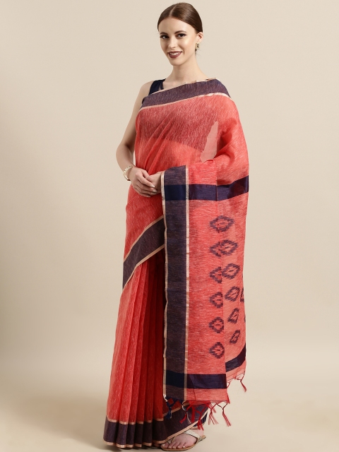 

Satrani Coral & Navy Blue Pure Cotton Woven Design Saree