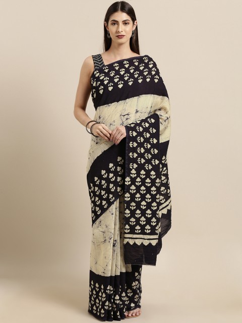 

Satrani Cream-Coloured & Navy Blue Pure Cotton Batik Printed Bandhani Saree