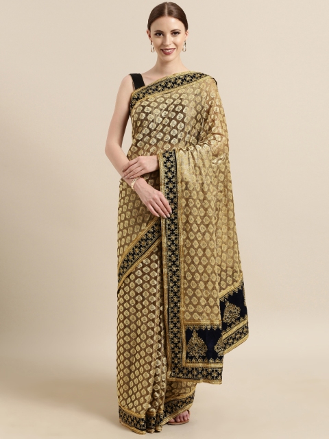 

Satrani Cream-Coloured & Golden Net Embroidered Saree