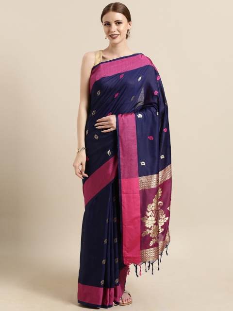 

Satrani Navy Blue & Pink Poly Silk Woven Design Banarasi Saree