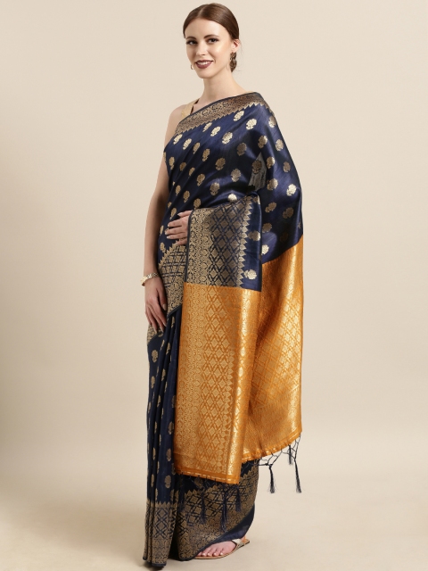 

Satrani Navy Blue & Mustard Yellow Poly Silk Woven Design Banarasi Saree