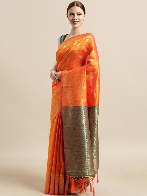 

Satrani Orange & Gold-Toned Poly Silk Woven Design Banarasi Saree