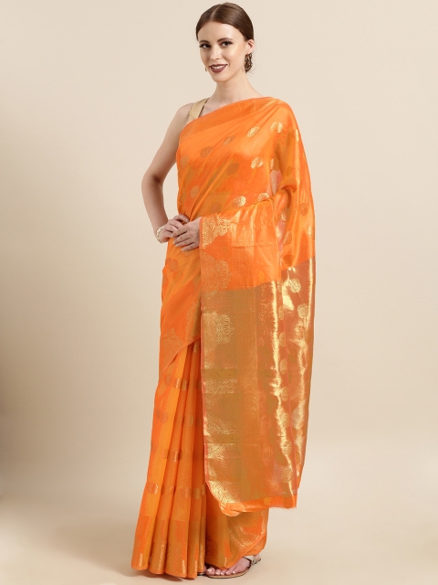 

Satrani Orange & Gold-Toned Cotton Blend Woven Design Chanderi Saree