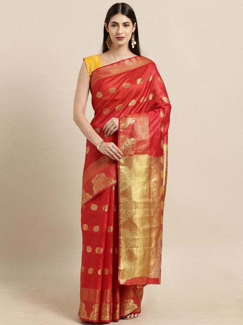 

Satrani Red & Gold-Toned Cotton Blend Woven Design Chanderi Saree