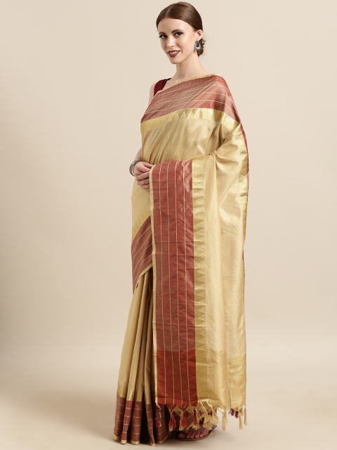 

Satrani Beige Solid Poly Silk Saree