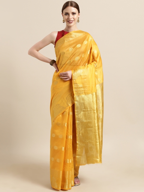 

Satrani Mustard Yellow & Gold-Toned Cotton Blend Woven Design Chanderi Saree