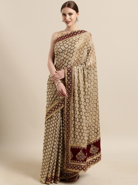 

Satrani Cream-Coloured & Maroon Net Woven Design Saree with Embellished Border