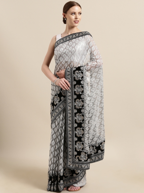 

Satrani Grey & Black Net Woven Design Saree with Embellished Border