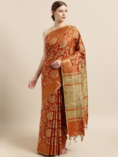 

Satrani Orange & Beige Silk Blend Woven Design Kanjeevaram Saree