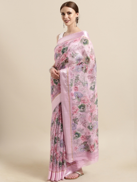 

Satrani Pink & Green Polycotton Printed Saree