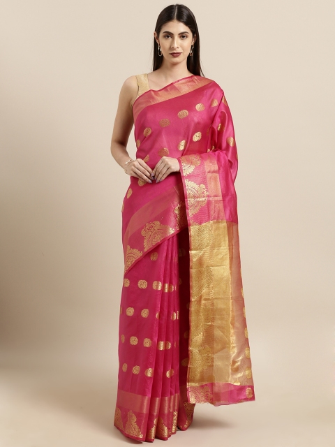 

Satrani Pink & Gold-Toned Cotton Blend Woven Design Chanderi Saree