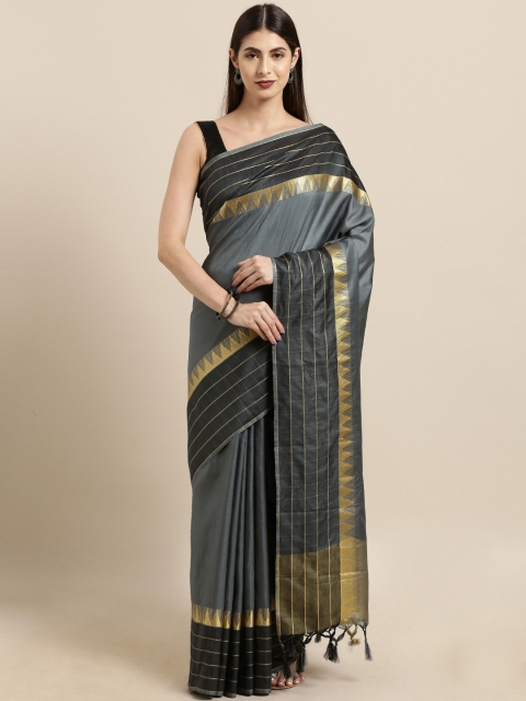 

Satrani Charcoal Grey & Black Poly Silk Solid Saree