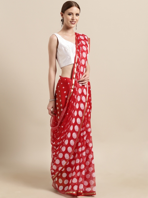 

Satrani Red & White Poly Chiffon Polka Dot Printed Saree