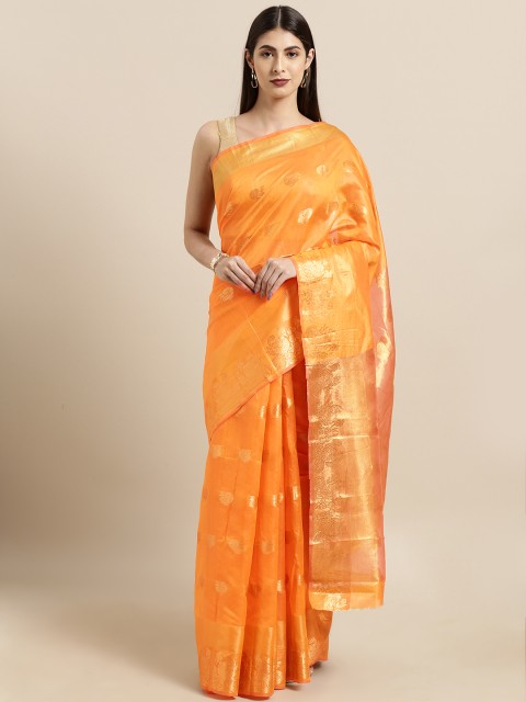 

Satrani Orange & Gold-Toned Polycotton Woven Design Banarasi Saree