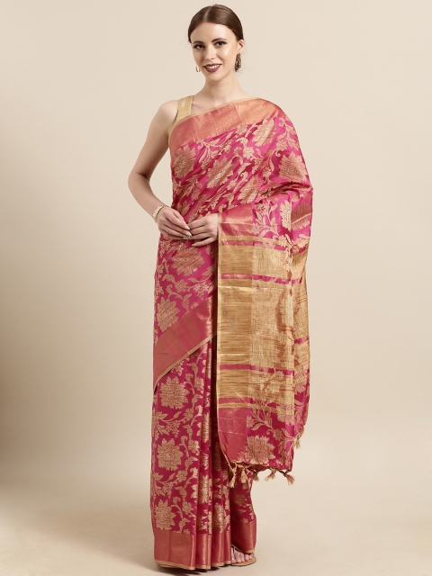 

Satrani Pink Silk Blend Woven Design Kanjeevaram Saree