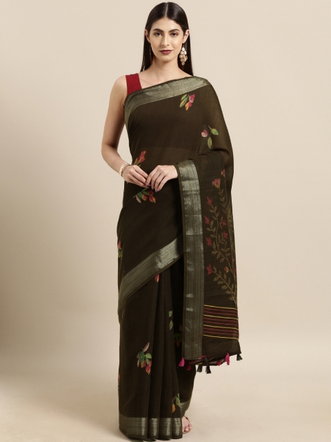 

Satrani Coffee Brown & Green Pure Cotton Printed Khadi Saree