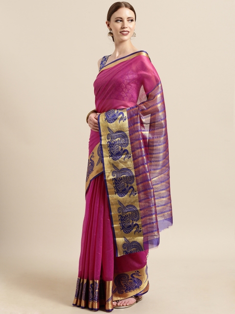 

Satrani Pink & Purple Polycotton Solid Banarasi Saree